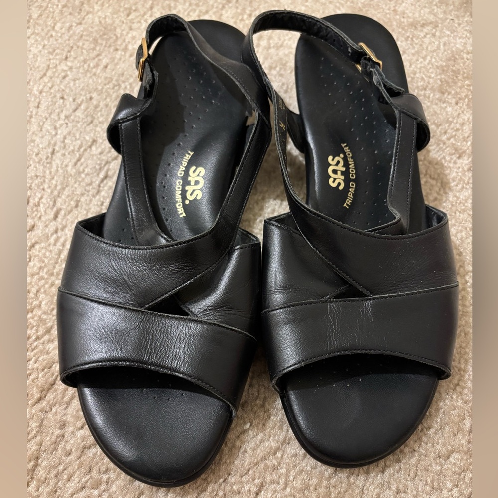 SAS Black Leather Sandals with Slingback 11W